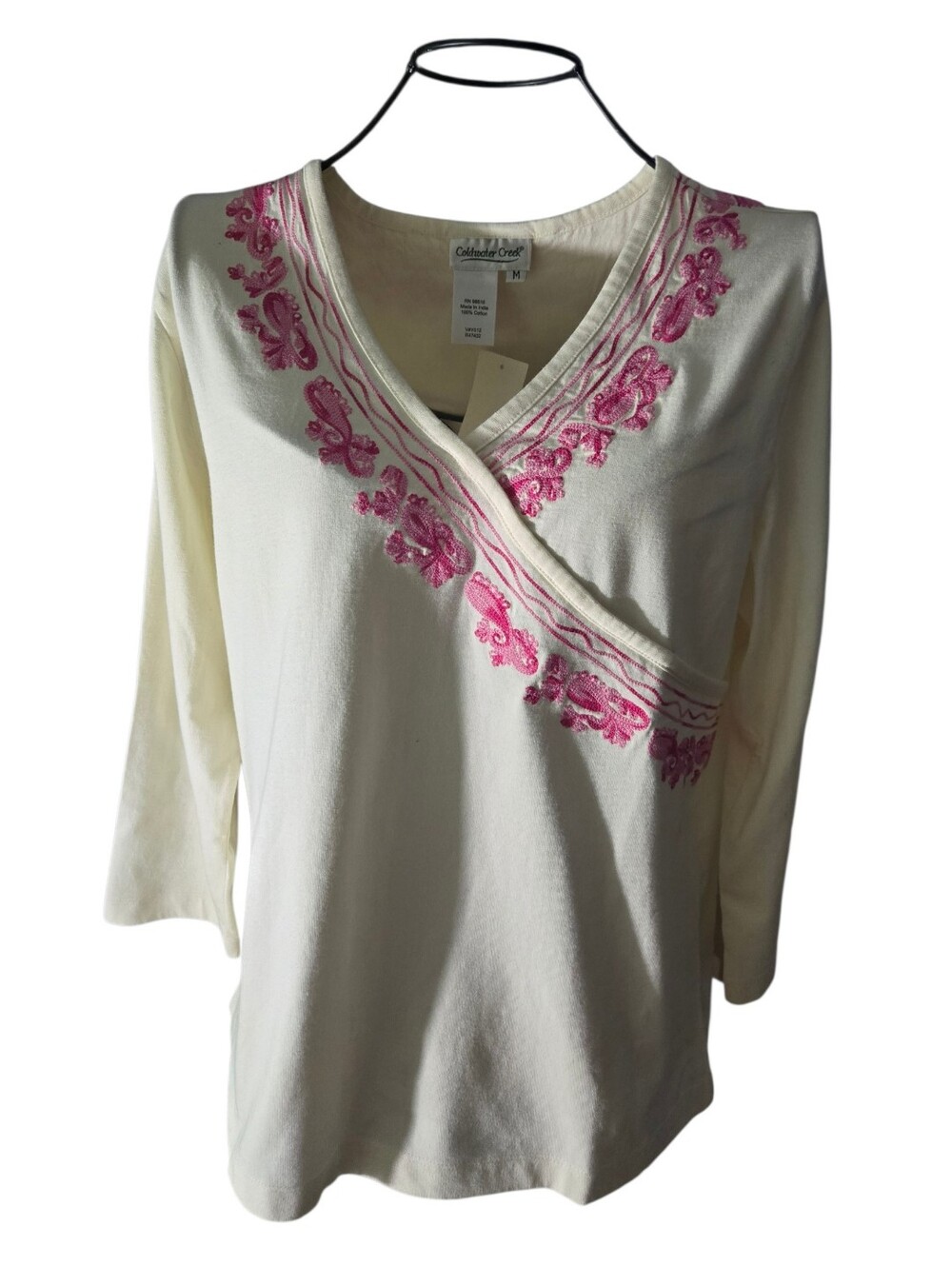 Coldwater Creek Cream Wrap-Style Long Sleeve Top with Pink Embroidery Size Med